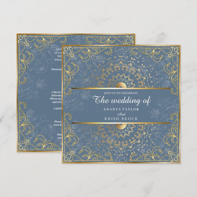 Convites Casamento Azul e Dourado Deslumbrante  (Frente/Verso)
