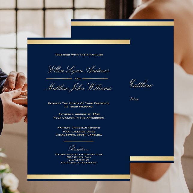 Convites Casamento azul e Dourado do Marinho Elegante (Elegant Navy Blue and Gold Trim Wedding Invitation)