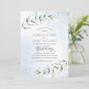 Convites Casamento Azul e Dourado Eucalyptus Watercolor