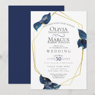 Convites Casamento  Azul e Dourado índigo modernos