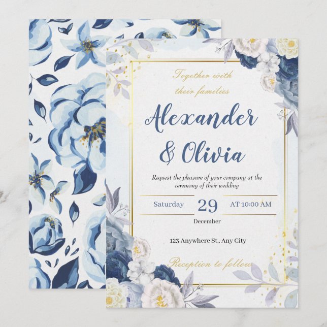 Convites casamento azul e floral elegante de outono (Frente/Verso)