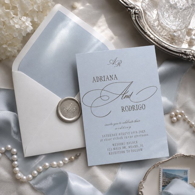 Convites Casamento Azul e Marrom Monograma (Criador carregado)