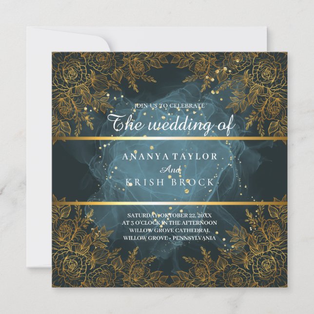 Convites Casamento Azul e preto Elegante (Frente)