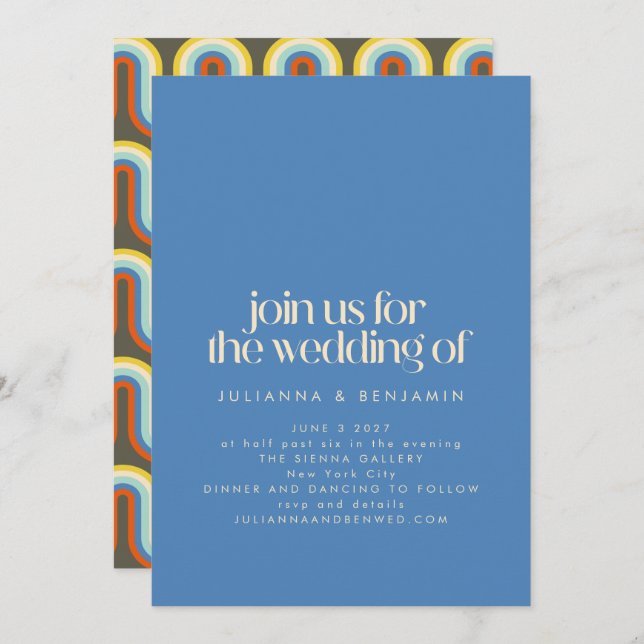 Convites Casamento Azul e Verde Azul do Groovy Retro dos an (Frente/Verso)