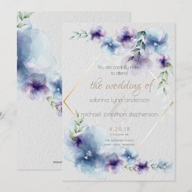 Convites Casamento | Azul e Violeta-Cor Floral 2 (Frente/Verso)