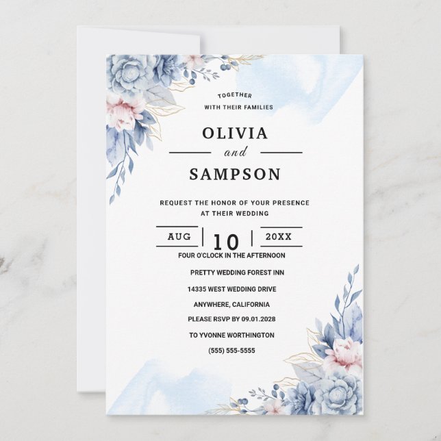 Convites Casamento azul elegante branco (Frente)