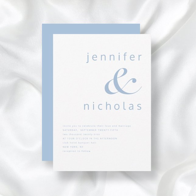 Convites Casamento Azul Elegante com E comercial (Powder Blue Simple Minimalist Typography Wedding Invitation)