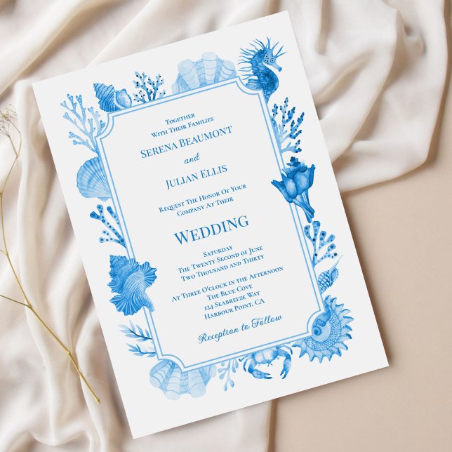 Convites Casamento Azul Elegante de Conchas Marinhas e Cora (Elegant Blue Coastal Seashell and Coral Wedding Invitation)