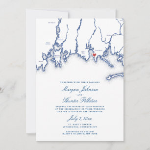 Convites Casamento Azul Elegante do Mapa CT Stonington