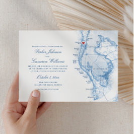 Convites Casamento Azul Elegante do Mapa da Praia da Clearw