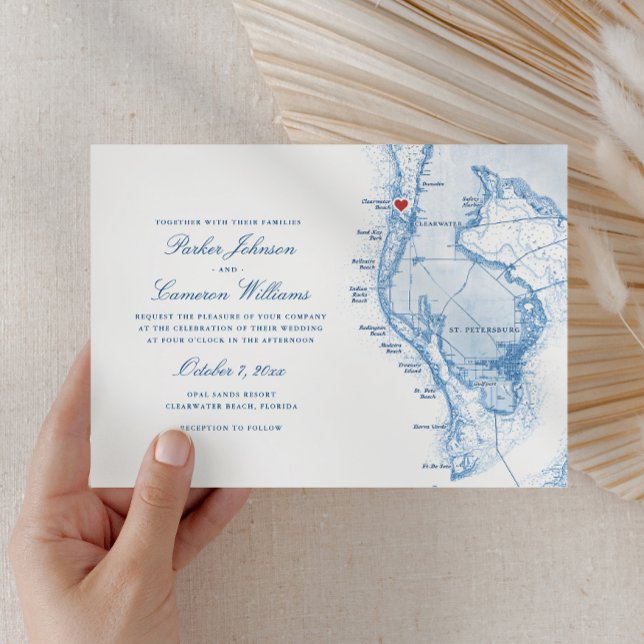 Convites Casamento Azul Elegante do Mapa da Praia da Clearw (Clearwater Beach FL Map Wedding Invitation in Elegant Navy Blue from Coastal Map Designs )