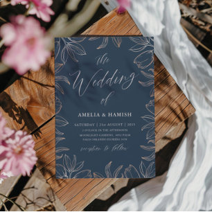 Convites Casamento Azul Elegante e Folhas em Dourado Rosa