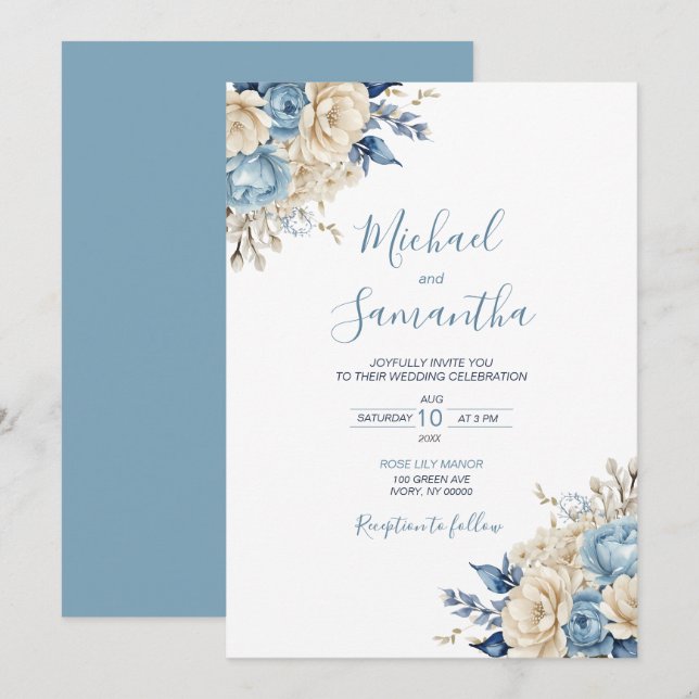 Convites Casamento Azul Elegante e Rosa de Marfim (Frente/Verso)