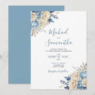 Convites Casamento Azul Elegante e Rosa de Marfim