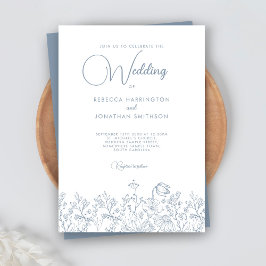 Convites Casamento Azul-Elegante Floral Dusty