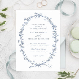 Convites Casamento Azul Elegante Floral Wreath Vintage Dust