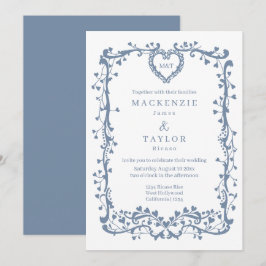 Convites Casamento Azul Elegante Francês Coração Moldura