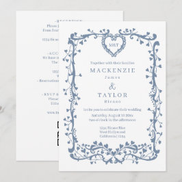 Convites Casamento Azul Elegante Francês Coração Moldura