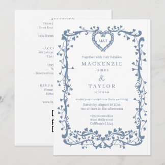 Convites Casamento Azul Elegante Francês Coração Moldura