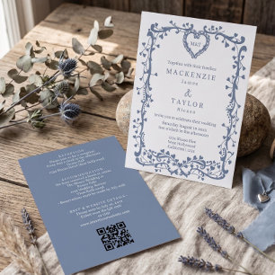 Convites Casamento Azul Elegante Francês Coração Moldura