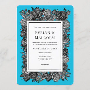 Convites Casamento Azul Elétrico de Rosas Negras e Brancas