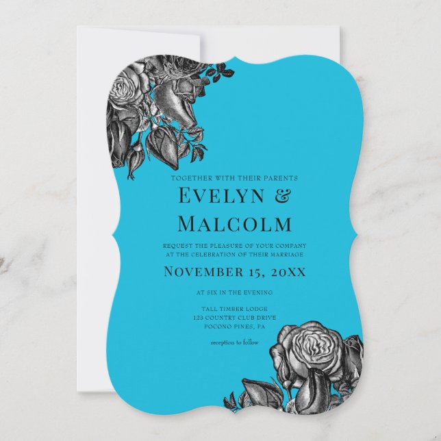 Convites Casamento Azul Elétrico de Rosas Negras e Brancas (Frente)