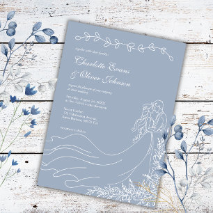 Convites Casamento Azul Empoeirado de Casal Rústico Desenha