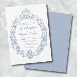 Convites Casamento Azul Empoeirado Elegante Romântico Ornam