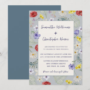 Convites Casamento Azul Empoeirado Flor Silvestre Caprichos