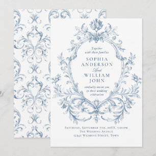 Convites Casamento Azul Empoeirado Floral Gracioso Ornament