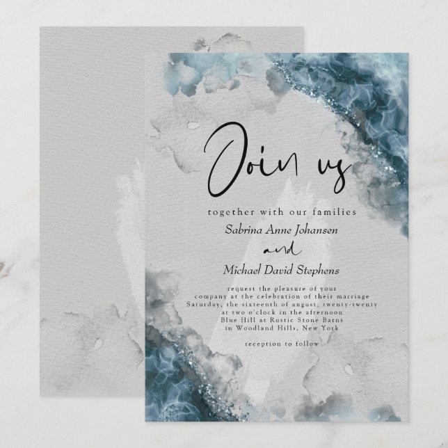 Convites CASAMENTO | Azul Empoeirado Pedra Cinza Tinta Álco (Frente/Verso)