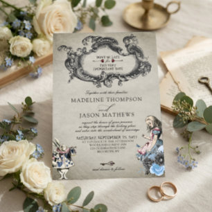 Convites Casamento Azul Empoeirado Vintage Alice no País da