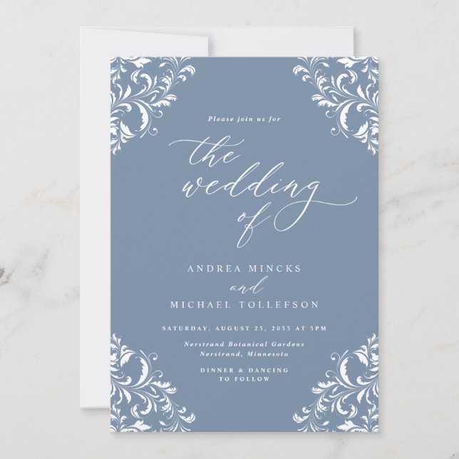 Convites Casamento Azul Empoeirado Vintage Elegante (Frente)