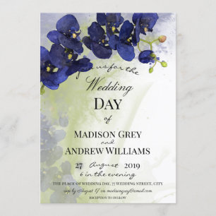 Convites Casamento azul escuro da aguarela da orquídea