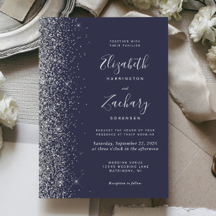 Convites Casamento Azul Escuro de Borda Escura de Silver Fa