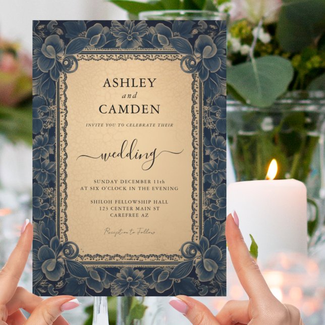Convites Casamento Azul Escuro e Dourado Elegante (Criador carregado)