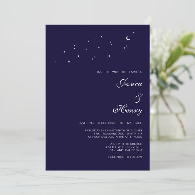 Convites Casamento Azul Escuro Noite Script Celestial Elega (Em pé/Frente)
