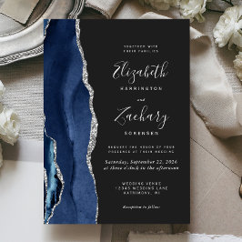 Convites Casamento Azul Escuro Prata Ágata Moderna