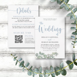 Convites Casamento Azul Eucalipto Aquarela Tudo-em-um