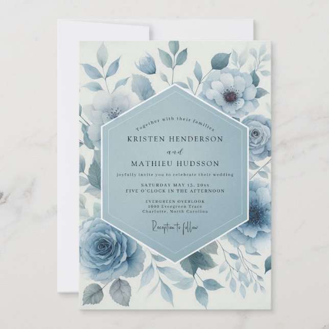 Convites Casamento Azul Floral Caprichoso (Frente)