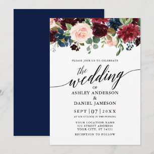 Convites Casamento Azul Floral da Burgundy
