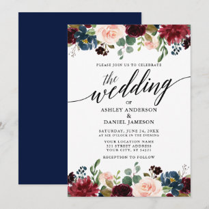 Convites Casamento Azul Floral da Burgundy