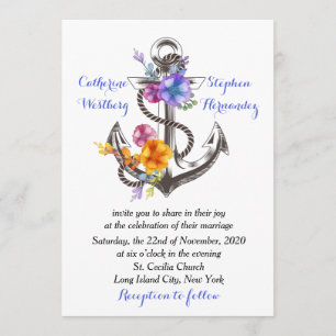 Convites Casamento Azul Floral de Anchor de Barcos Náutico