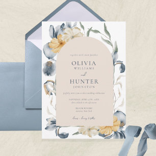 Convites Casamento Azul Floral de Aquarela Elegante