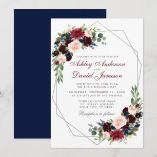 Convites Casamento Azul Floral de Prata Geométrica