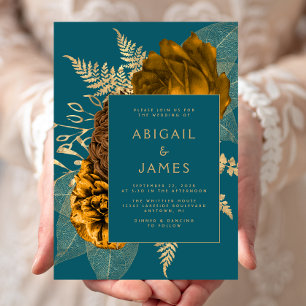Convites Casamento Azul Floral Dourado, Laranja-Burnt