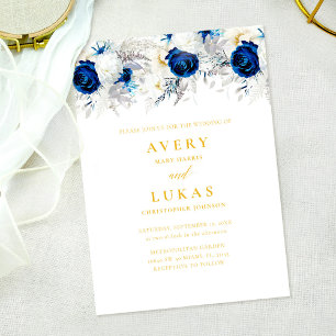 Convites Casamento Azul Floral e Amarelo do Marinho Moderno