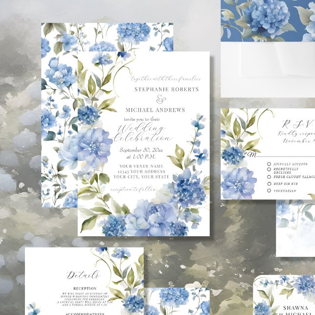 Convites Casamento Azul Floral e Branco no Verão Elegante (Criador carregado)
