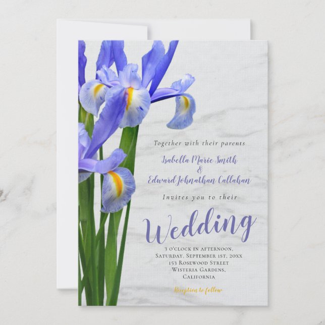 Convites Casamento Azul Floral e Mármore em Aquarela Elegan (Frente)