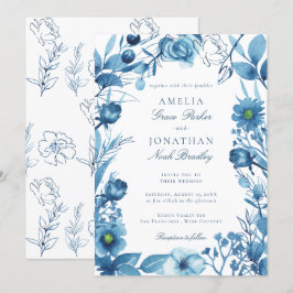 Convites Casamento Azul Floral Elegante